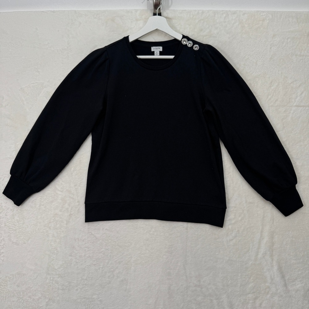 J.Crew Sweatshirt Womens S‎ Black Rhinestone Button Shoulder Puff Sleeve Fleece